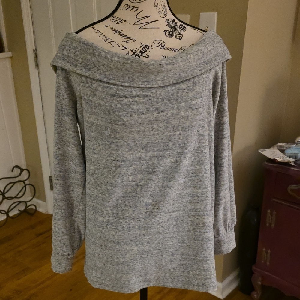 LOFT Heather Gray Off-Shoulder Velour Sweater